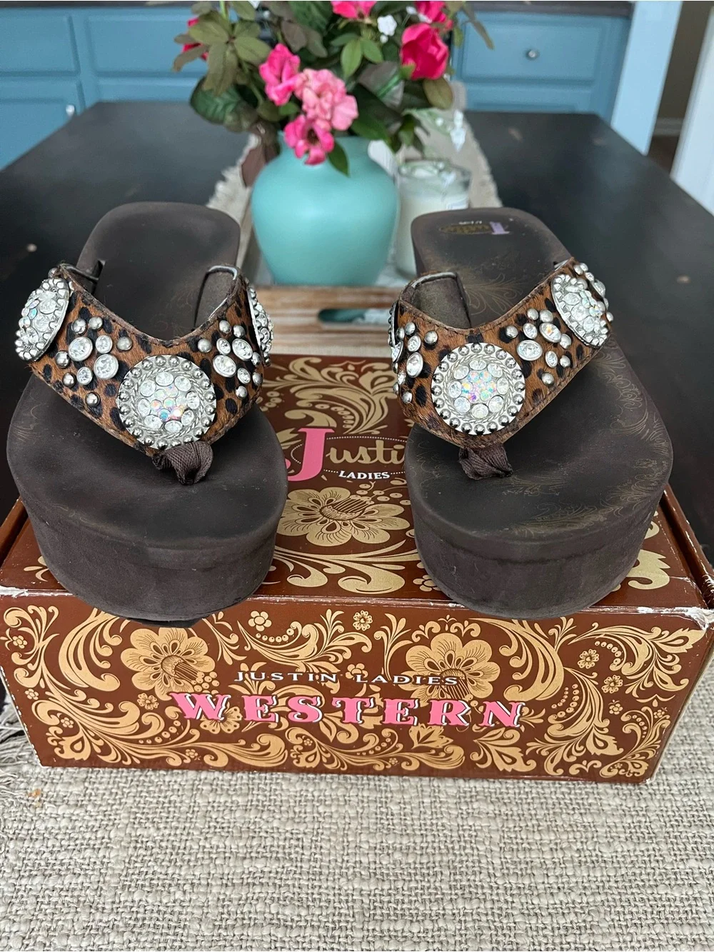 Brown Leopard Platform flip flops with Crystal Medallions